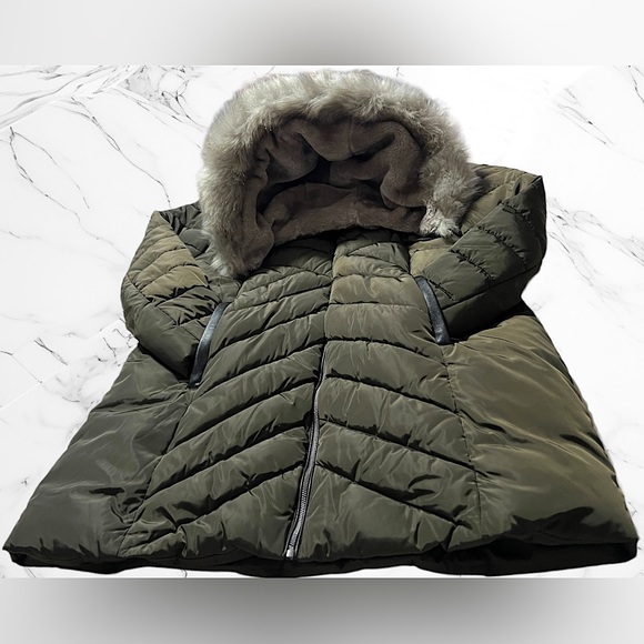 DKNY Women's Faux-Fur-Trim Hooded Puffer Coat Green XXL - Picture 2 of 8